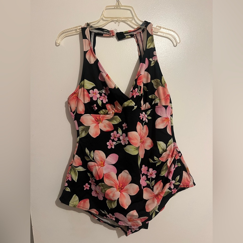 White Stag Black Tankini Top with Pink Floral Print